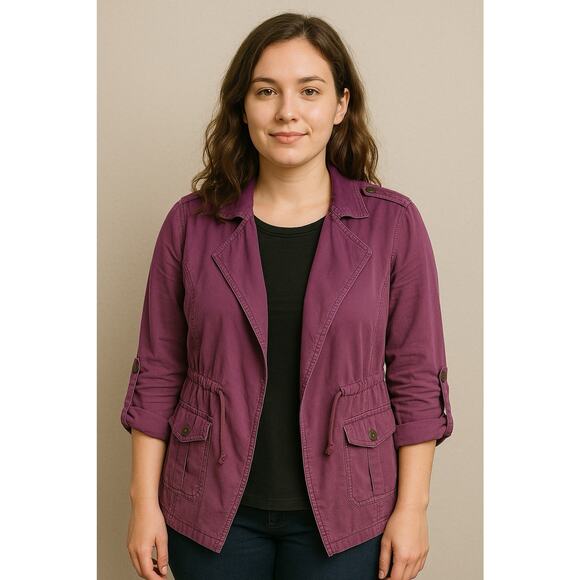 Knox Rose Purple Jacket Lagenlook Open Front Lightweight Utility Lyocell Size L - Picture 1 of 10